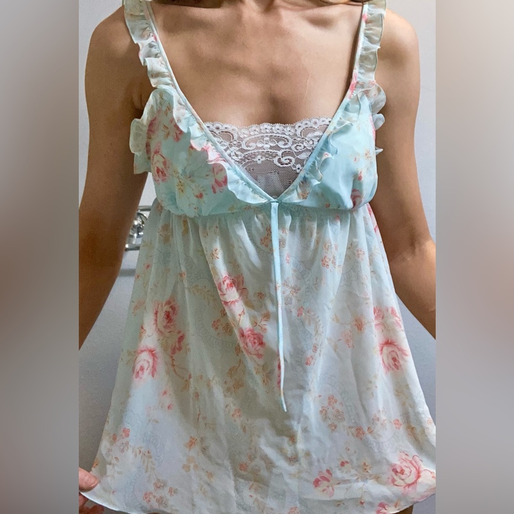 Baby blue Victoria’s Secret sheer lingerie tank top floral blouse teddy